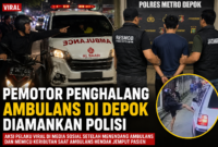 Polisi mengamankan pemotor yang menghalangi ambulans di Sukmajaya, Depok. Aksi pelaku viral di media sosial setelah menendang ambulans dan memicu keributan.( ilustrasi Poto : chatCPT ).