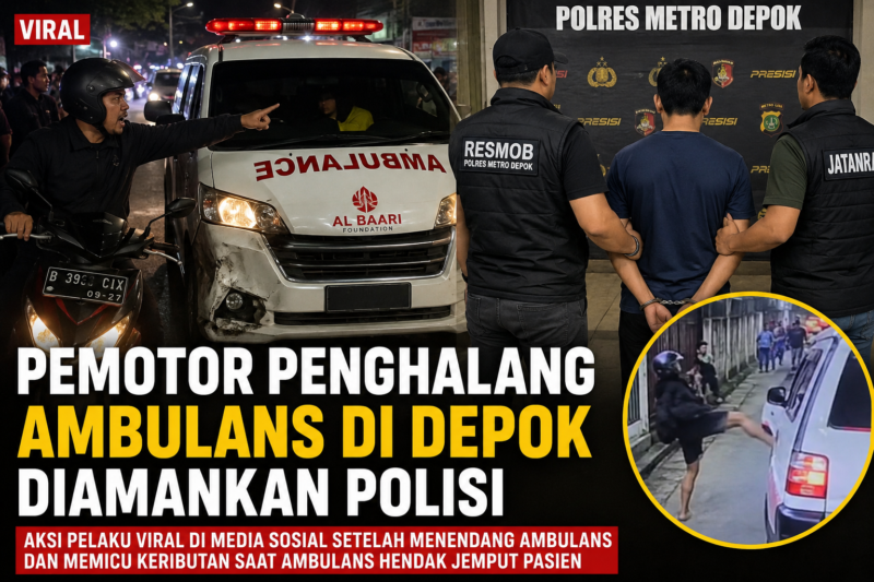 Polisi mengamankan pemotor yang menghalangi ambulans di Sukmajaya, Depok. Aksi pelaku viral di media sosial setelah menendang ambulans dan memicu keributan.( ilustrasi Poto : chatCPT ).
