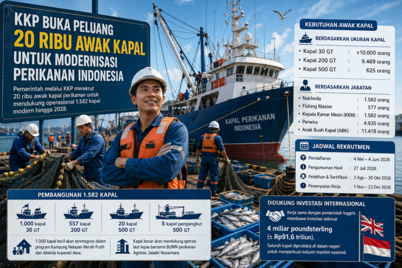 KKP membuka 20 ribu lowongan awak kapal perikanan untuk program modernisasi 1.582 kapal hingga 2028.( Poto : AI)