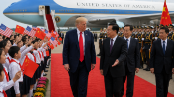 Presiden AS Donald Trump tiba di Beijing untuk bertemu Xi Jinping dan membahas isu Iran, Taiwan, hingga kecerdasan buatan AI dalam lawatan penting AS-China.( Ilustrasi Poto : chatGPT ).
