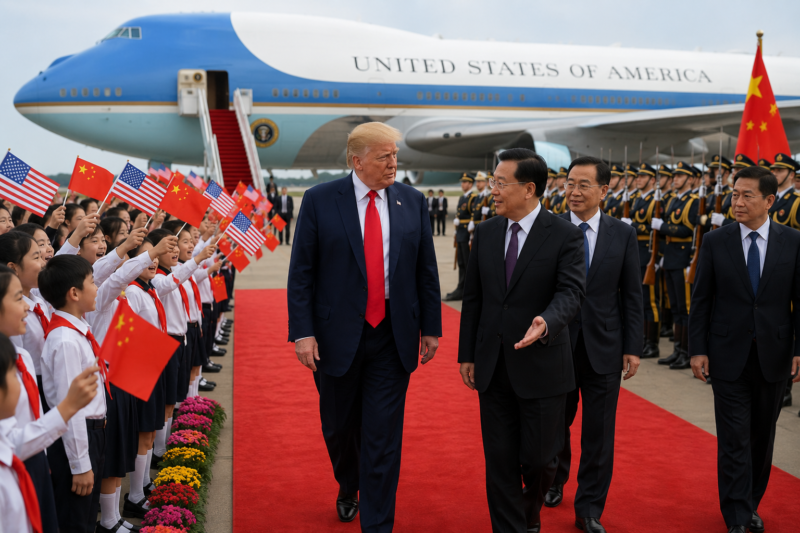 Presiden AS Donald Trump tiba di Beijing untuk bertemu Xi Jinping dan membahas isu Iran, Taiwan, hingga kecerdasan buatan AI dalam lawatan penting AS-China.( Ilustrasi Poto : chatGPT ).