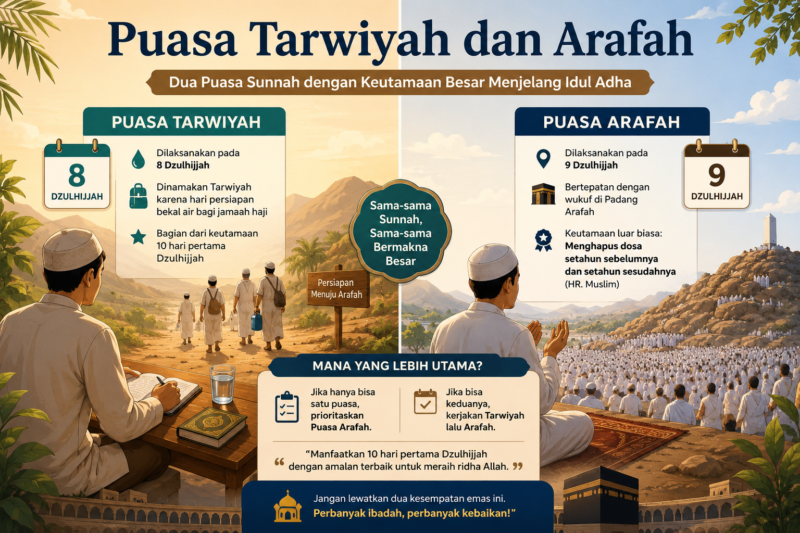 Puasa Tarwiyah dan Arafah menjadi amalan sunnah penting di bulan Dzulhijjah. Ketahui perbedaan, keutamaan, dan puasa yang lebih dianjurkan menurut ulama.( Poto : chatGPT ).