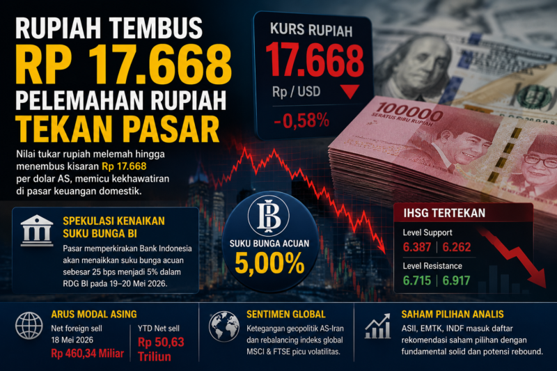 Pelemahan rupiah tekan pasar keuangan Indonesia hingga Rp 17.668 per dolar AS, memicu spekulasi kenaikan suku bunga BI dan meningkatkan volatilitas IHSG.( ilustrasi poto : chatGPT ).