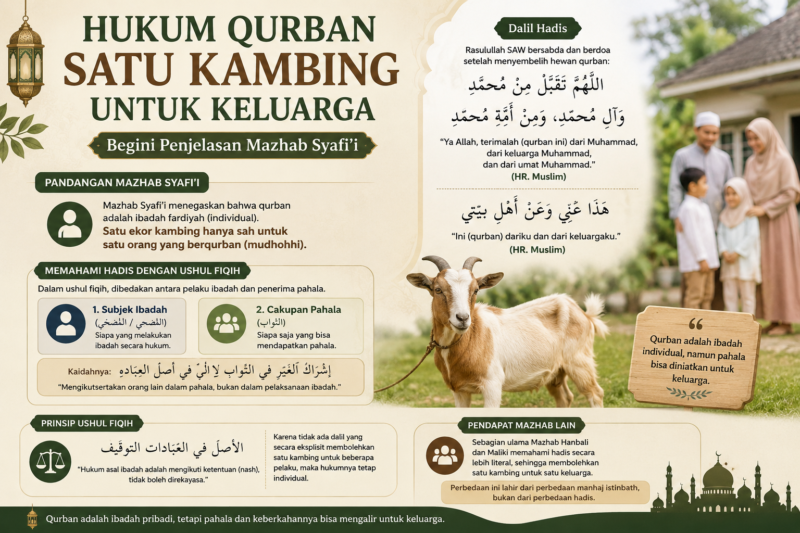 Mazhab Syafi’i menjelaskan hukum qurban satu kambing untuk keluarga dengan membedakan pelaku ibadah dan penerima pahala qurban berdasarkan hadis Nabi SAW.( Poto : AI ).