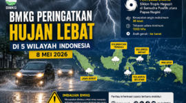 BMKG mengeluarkan peringatan dini hujan lebat hingga sangat lebat di lima wilayah Indonesia pada 8 Mei 2026. Cuaca ekstrem ini dipengaruhi Siklon Tropis Hagupit.( ilustrasi  Poto : AI ).