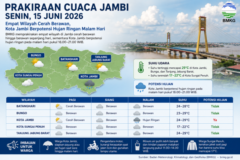 Infografis prakiraan cuaca Jambi hari ini yang menampilkan kondisi empat wilayah cerah berawan serta potensi hujan ringan di Kota Jambi pada malam hari.( poto : chatGPT )