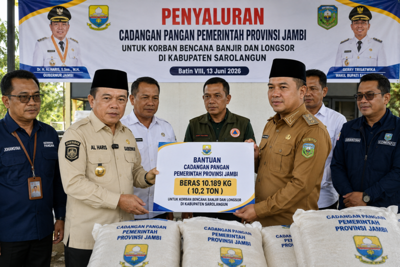 Gubernur Jambi Al Haris menyalurkan beras cadangan pangan milik Pemerintah Provinsi Jambi kepada warga yang terdampak banjir dan longsor di Kabupaten Sarolangun.( ilustrasi poto : chatGPT)