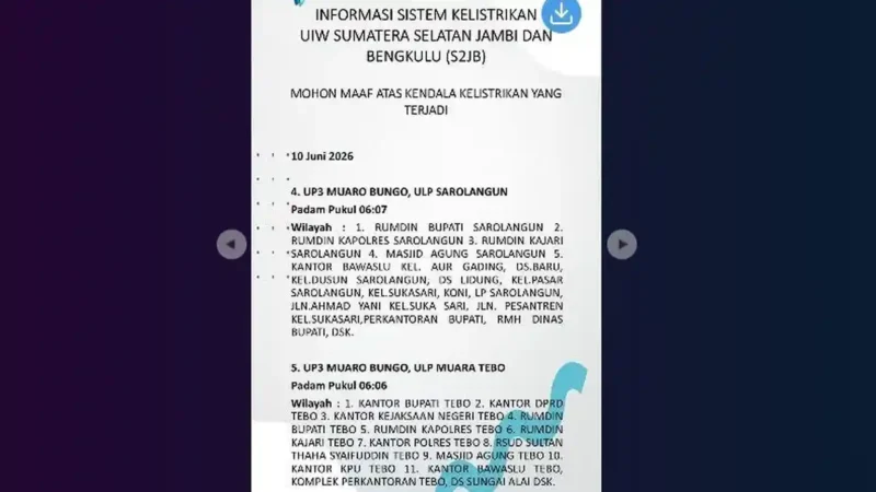 Info pemadaman listrik PLN di Jambi hari ini, Rabu, 10 Juni 2026.( poto : tribunjambi.com )