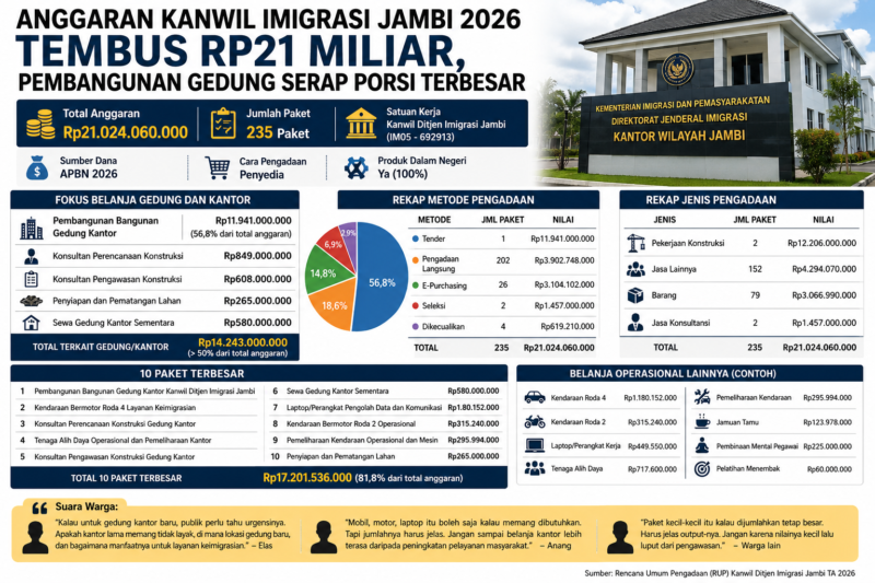 Infografis anggaran Kanwil Imigrasi Jambi 2026 Rp21 miliar, fokus pembangunan gedung kantor( poto : chatGPT ).