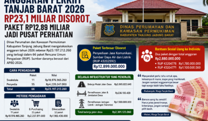 Anggaran Perkim Tanjab Barat 2026 mencapai Rp23,1 miliar. Paket Rp12,89 miliar dan dominasi swakelola jadi sorotan publik.