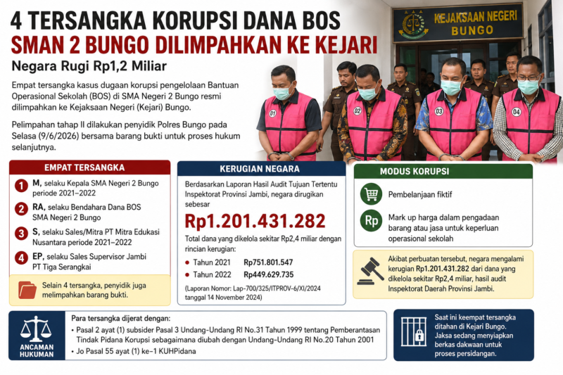 Empat tersangka dugaan penyimpangan pengelolaan Bantuan Operasional Sekolah (BOS) di SMA Negeri 2 Bungo untuk Tahun Anggaran 2021 hingga Semester I Tahun 2022.( ilustrasi poto :chatGPT)