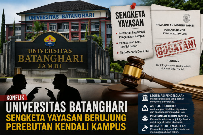 Konflik Universitas Batanghari berkembang dari sengketa yayasan menjadi perebutan kendali kampus.( ilustrasi poto :chatGPT )