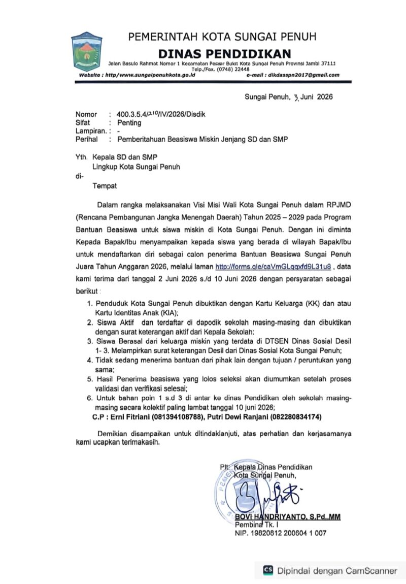 Dinas Pendidikan mengeluarkan pengumuman resmi melalui surat bernomor 400.3.6.4/IV/2026/Disdik tertanggal 3 Juni 2026. ( poto : istimewa )