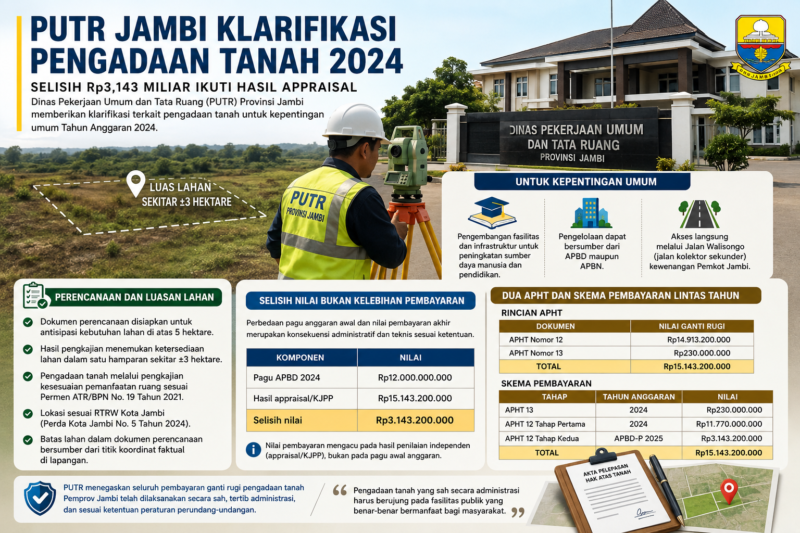 PUTR Jambi menjelaskan pengadaan tanah 2024, termasuk selisih Rp3,143 miliar dan skema pembayaran.( poto : chatGPT )