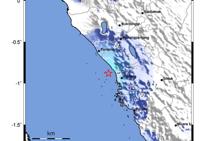 BMKG Shake Map Senin (8/6/2026). Gempa terjadi di pantai barat Sumbar( poto : kompas.com )