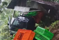 Saat longsor terjadi, satu unit mobil pikap yang melintas di lokasi ikut terdampak material yang turun dari tebing.( poto : metrojambi.com )