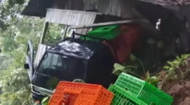 Saat longsor terjadi, satu unit mobil pikap yang melintas di lokasi ikut terdampak material yang turun dari tebing.( poto : metrojambi.com )