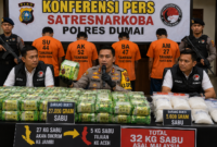 Polres Dumai mengungkap 32 kg sabu asal Malaysia. Jaringan diduga kirim 27 kg ke Jambi dan 5 kg ke Aceh lewat jalur laut.( ilustrasi poto : chatGPT )