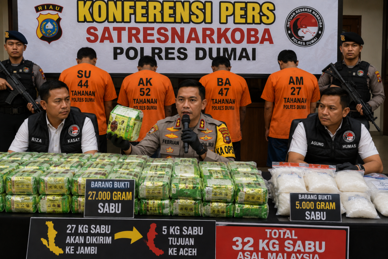 Polres Dumai mengungkap 32 kg sabu asal Malaysia. Jaringan diduga kirim 27 kg ke Jambi dan 5 kg ke Aceh lewat jalur laut.( ilustrasi poto : chatGPT )
