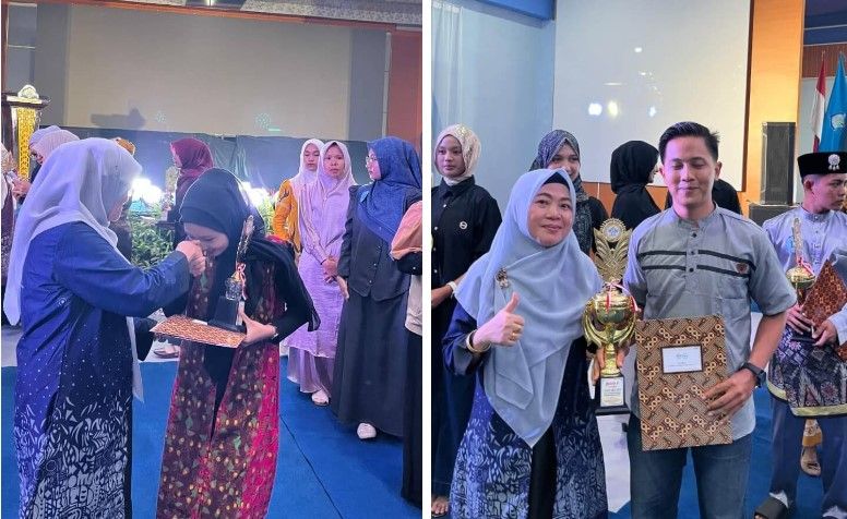 Mahasiswa UIN STS Jambi menerima trofi dan piagam penghargaan usai meraih juara pada berbagai cabang lomba dalam FEKSIMA 2 Internasional dan Se-Sumatera( poto : jambiprima.com )