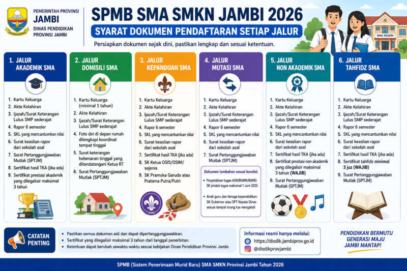 Disdik Jambi umumkan syarat SPMB SMA SMKN 2026 lengkap jalur Akademik, Domisili, Mutasi, Tahfidz, Non Akademik, dan Kepanduan.( poto : chatGPT )