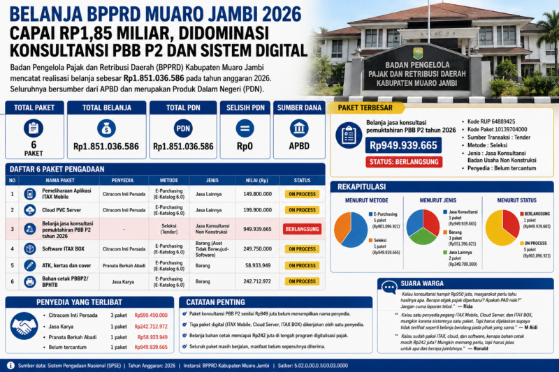 Infografis belanja BPPRD Muaro Jambi 2026 Rp1,85 miliar fokus digitalisasi pajak dan konsultansi( poto : chatGPT )