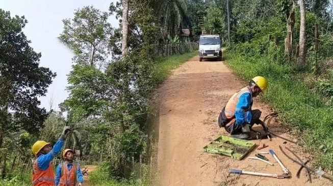 Tampak beberapa orang petugas PLN sedang memperbaiki kabel yang putus( poto : infojambi.com )