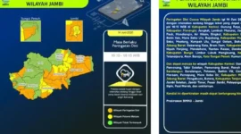 Badan Metereologi Klimatologi dan Geofisika (BMKG) merilis peringatan dini cuaca Jambi untuk 11 kabupaten kota hari ini dari pukul 16.15 WIB hingg 18.15 WIB. ( tribunjambi.com )