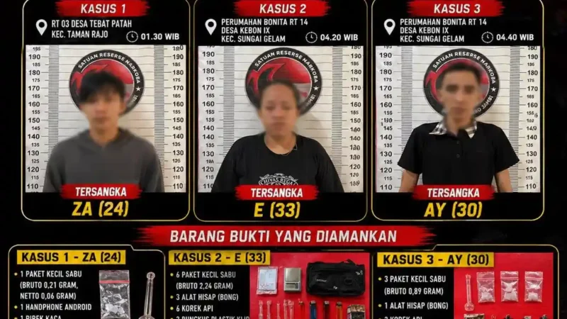 Satresnarkoba Polres Muaro Jambi menangkap tiga tersangka dan menyita sejumlah sabu.( poto : tribunjambi.com )