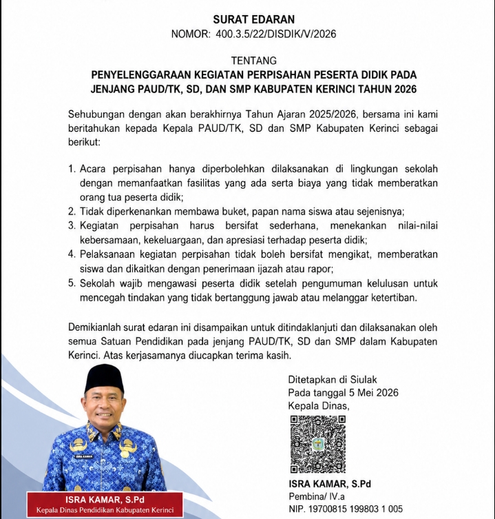 Surat edaran bernomor 400.3.5/22/DISDIK/V/2026, Dinas Pendidikan menyusun pedoman pelaksanaan perpisahan untuk Tahun Ajaran 2025/2026.( Poto : istimewa)