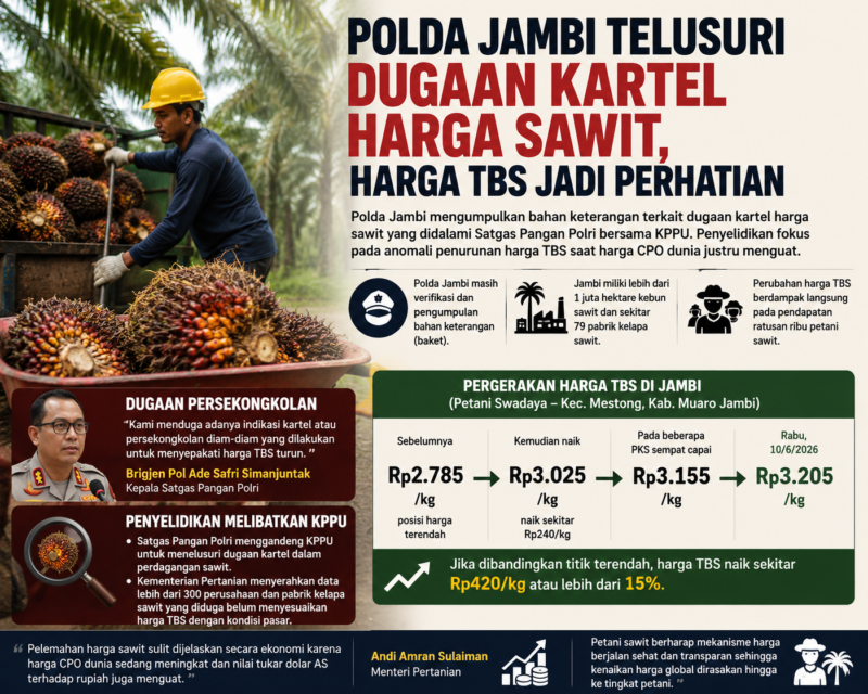 Polda Jambi telusuri dugaan kartel harga sawit setelah anomali penurunan harga TBS di Jambi.( poto :chatGPT )