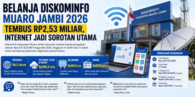 Infografis belanja Diskominfo Muaro Jambi 2026 Rp2,53 miliar untuk digitalisasi layanan publik( Poto : chatGPT )