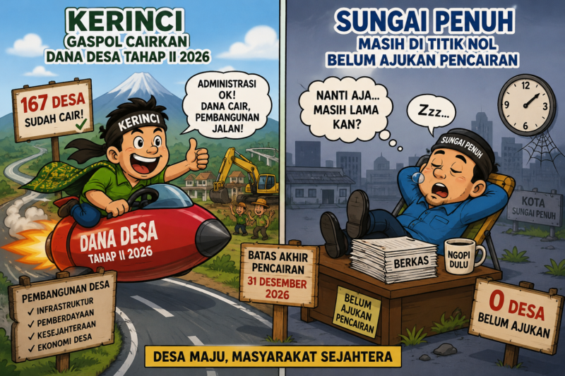 Ilustrasi perbandingan Kerinci vs Sungai Penuh: satu daerah ngebut cairkan Dana Desa, satu lagi masih tertahan di proses administrasi.( poto : chatGPT )