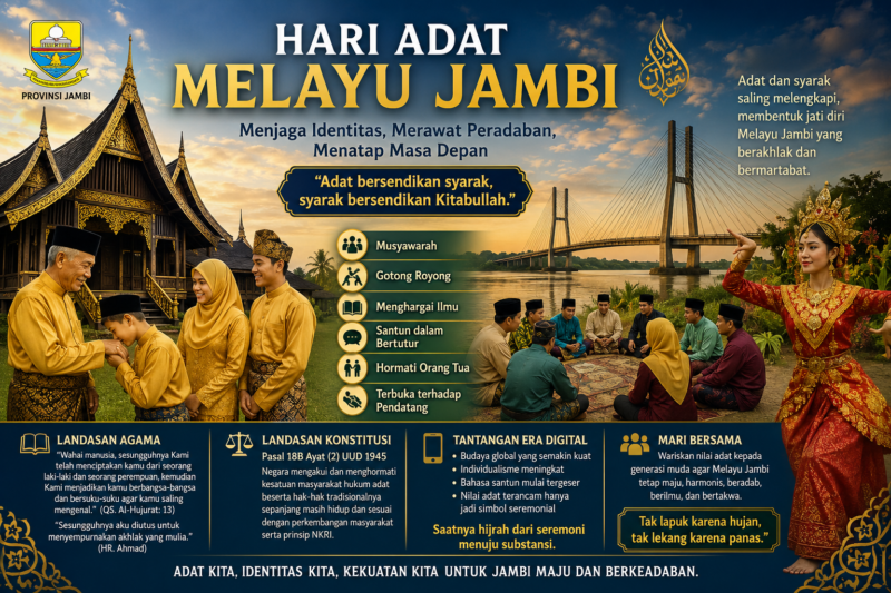 Masyarakat Melayu Jambi memegang teguh falsafah “Adat bersendikan syarak, syarak bersendikan Kitabullah.”( poto : chatGPT )