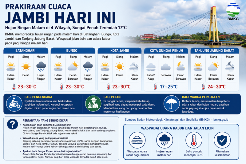 Prakiraan cuaca Jambi hari ini: hujan ringan malam di 4 wilayah, Sungai Penuh 17°C, waspada kabut dan jalan licin.( poto : jambilink.id )