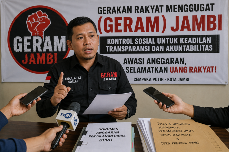 Gerakan Rakyat Menggugat (GERAM) Jambi berencana melaporkan dugaan penyimpangan anggaran perjalanan dinas DPRD Jambi ke Polda Provinsi Jambi( poto : chatGPT )