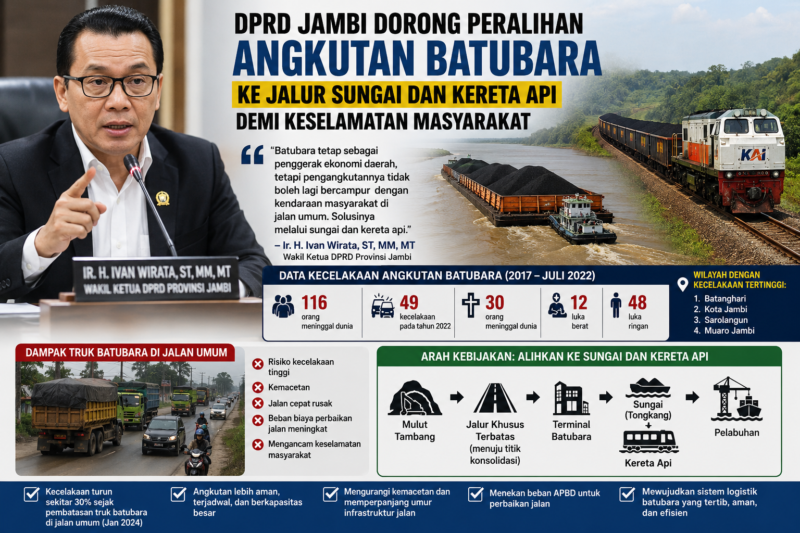 Infografis menggambarkan dorongan kebijakan DPRD Provinsi Jambi untuk mengalihkan angkutan batubara dari jalan umum ke jalur sungai dan kereta api.( poto : chtaGPT )