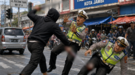 Ilustrasi Dua anggota Satlantas Polresta Jambi diserang OTK saat tugas di Pasar Angso Duo.( poto : chatGPT )