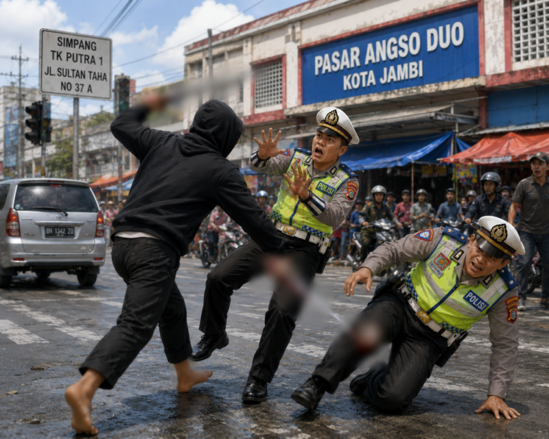 Ilustrasi Dua anggota Satlantas Polresta Jambi diserang OTK saat tugas di Pasar Angso Duo.( poto : chatGPT )