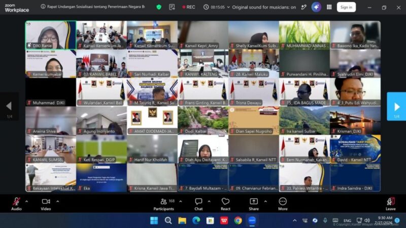 Kantor Wilayah Kementerian Hukum Jambi mengikuti sosialisasi pnbp layanan merek secara virtual melalui Zoom Meeting pada Senin (27/7/2026).(poto: jamberita.com).