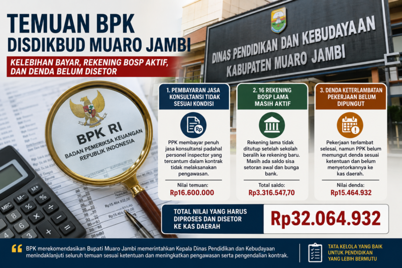 BPK menemukan kelebihan pembayaran, rekening BOSP masih aktif, dan denda keterlambatan belum dipungut di Disdikbud Muaro Jambi.( poto : AI)