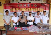 Polisi menggelar rilis ungkap kasus penjualan kulit harimau sumatra (Panthera tigris sumatrae) di hadapan wartawan di Polres Tanjab Timur, Rabu (15/7/2026).(poto: ANTARA).