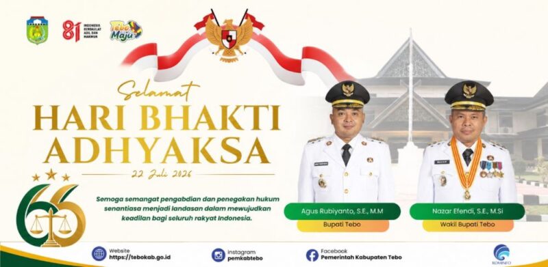 Bupati Tebo Agus Rubiyanto dan Wakil Bupati Nazar Efendi mengucapkan Selamat Hari Bakti Adhyaksa ke-66.(poto: jambiprima.com)