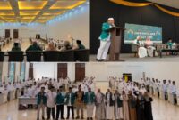 Owner Arasy Tour Indonesia, Ustaz Andre Satria, bersama narasumber dan calon jemaah saat pelaksanaan Manasik Umrah Arasy Tour Indonesia di Grand Semagi Hotel Bungo, Sabtu (11/7/2026). (poto: jambiprima.com).
