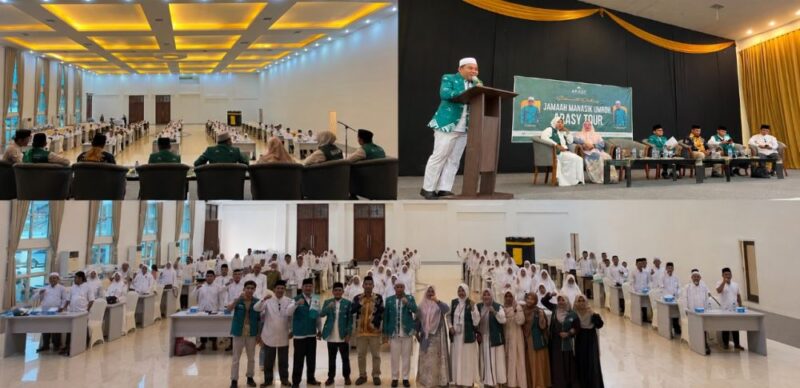 Owner Arasy Tour Indonesia, Ustaz Andre Satria, bersama narasumber dan calon jemaah saat pelaksanaan Manasik Umrah Arasy Tour Indonesia di Grand Semagi Hotel Bungo, Sabtu (11/7/2026). (poto: jambiprima.com).