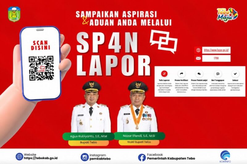 Poster layanan SP4N-LAPOR! Pemerintah Kabupaten Tebo versi horizontal untuk memudahkan masyarakat menyampaikan aspirasi dan pengaduan kepada pemerintah.(poto: jamiprima.com).