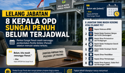 Pemkot Sungai Penuh belum menetapkan jadwal lelang jabatan delapan JPT Pratama karena masih menunggu pembentukan Panitia Seleksi.