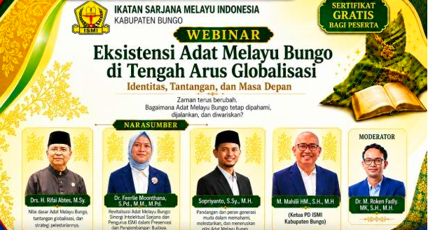 Pengurus Daerah Ikatan Sarjana Melayu Indonesia menggelar webinar keilmuan sebelum pelantikan pengurus ISMI Bungo pada Sabtu, 29 Agustus 2026.(Poto: istimewa).
