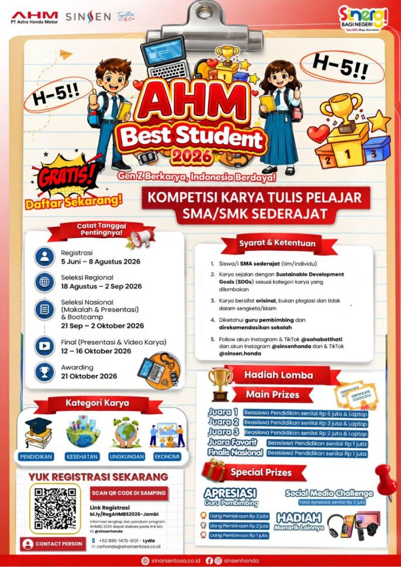 Masa pendaftaran AHM Best Student 2026 wilayah Provinsi Jambi kini memasuki H-5 sebelum penutupan resmi.(poto: jamberita.com).