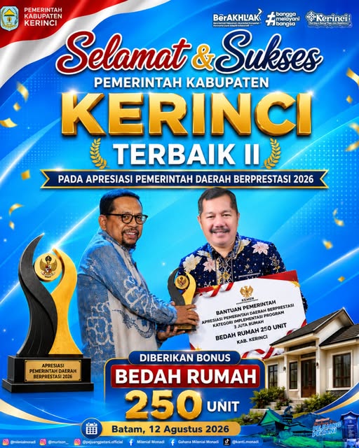 Kabupaten Kerinci berhasil meraih predikat Terbaik II pada ajang Apresiasi Pemerintah Daerah Berprestasi 2026 Batch II.(poto: kominfo Kerinci).